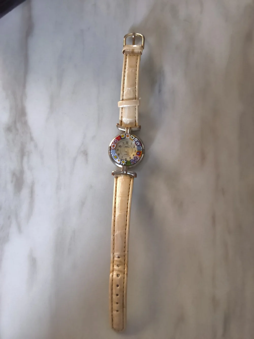 Venice Beige Leather-Strap Women's Watch with Colorful Floral Bezel